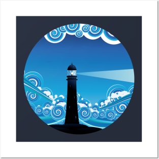 Vintage lighthouse in the sea Posters and Art